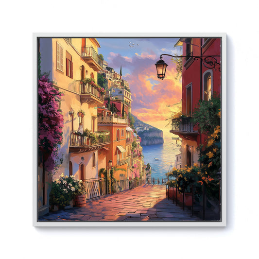 Sunset Walk In Sorrento Framed Canvas