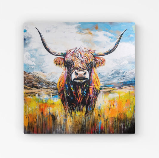 Colourful Highland Cow Inspired By Banksy Canvas
