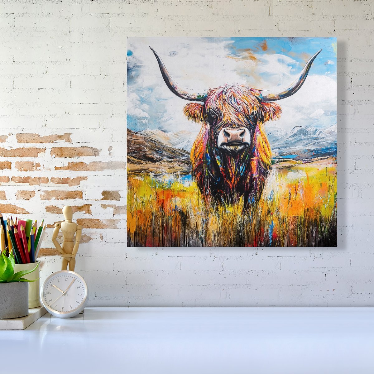 Colourful Highland Cow Inspired By Banksy Canvas