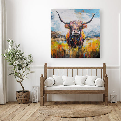 Colourful Highland Cow Inspired By Banksy Canvas