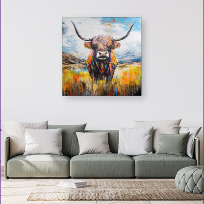 Colourful Highland Cow Inspired By Banksy Canvas