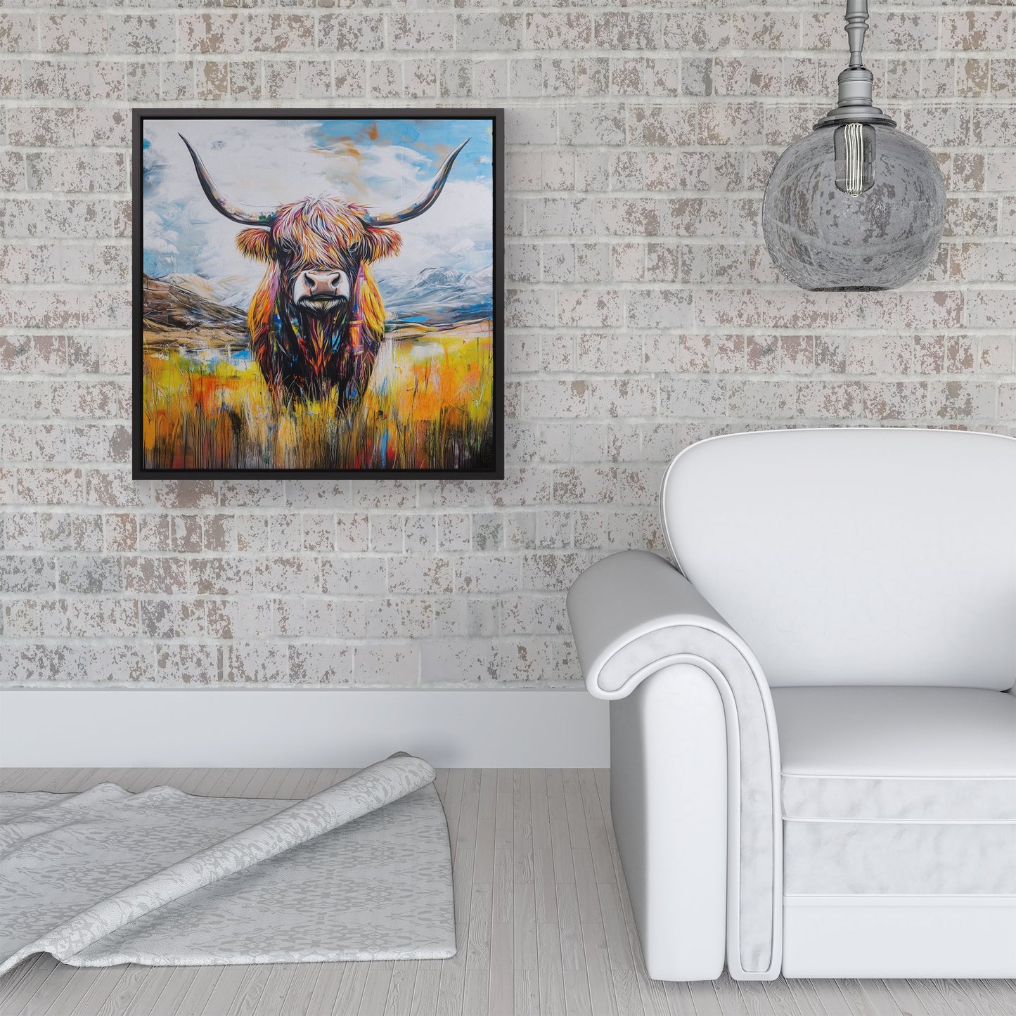 Colourful Highland Cow Inspired By Banksy Framed Canvas