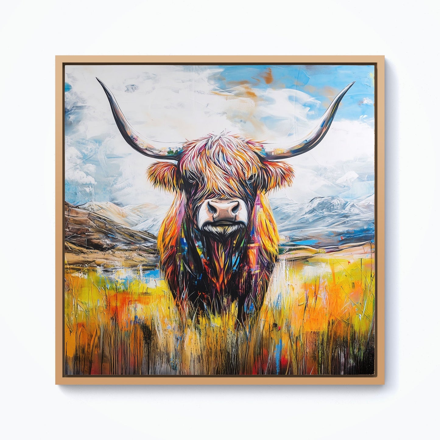 Colourful Highland Cow Inspired By Banksy Framed Canvas