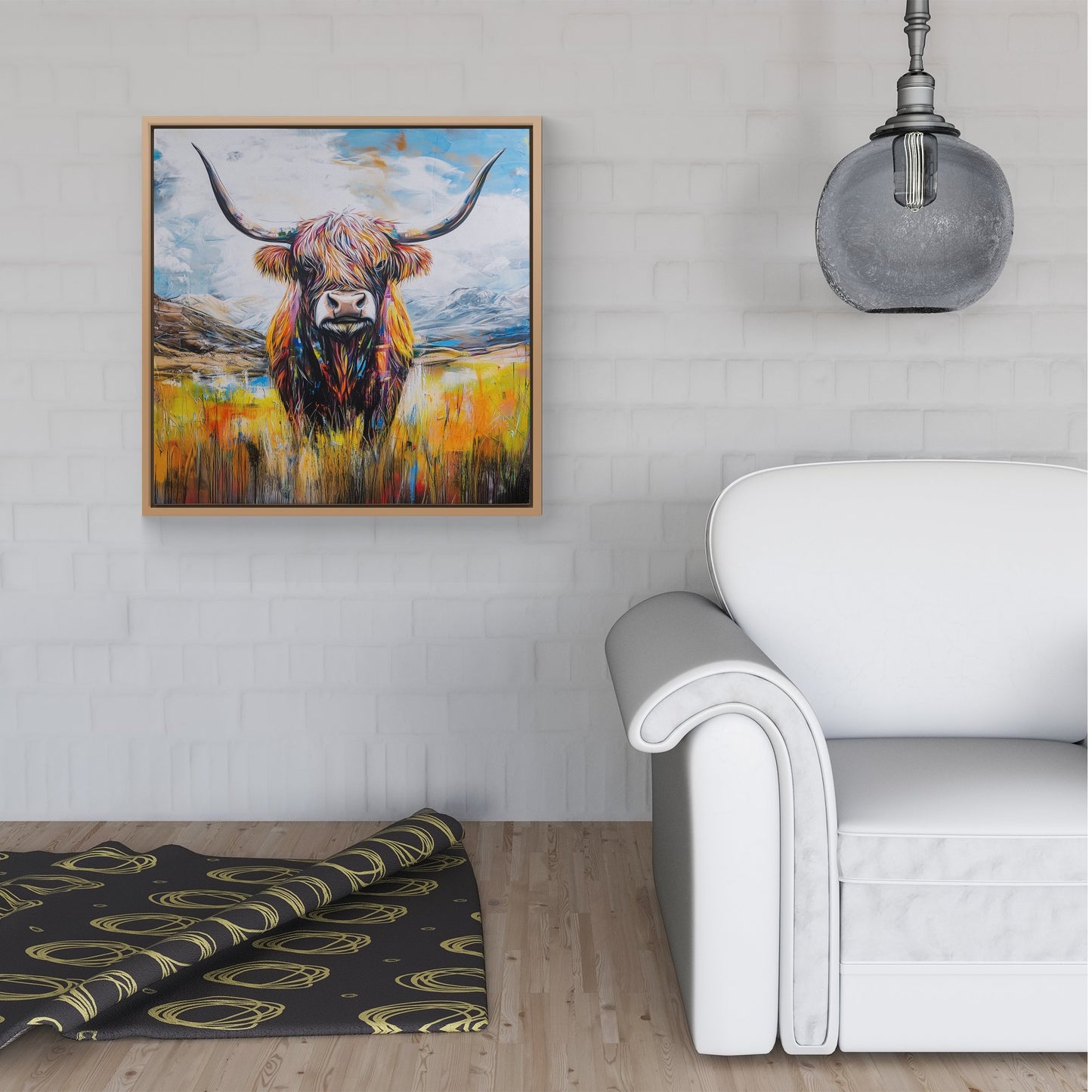 Colourful Highland Cow Inspired By Banksy Framed Canvas