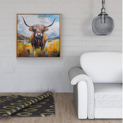 Colourful Highland Cow Inspired By Banksy Framed Canvas