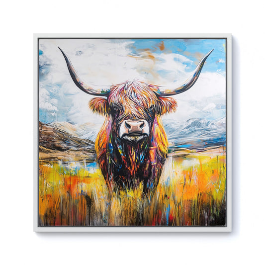 Colourful Highland Cow Inspired By Banksy Framed Canvas