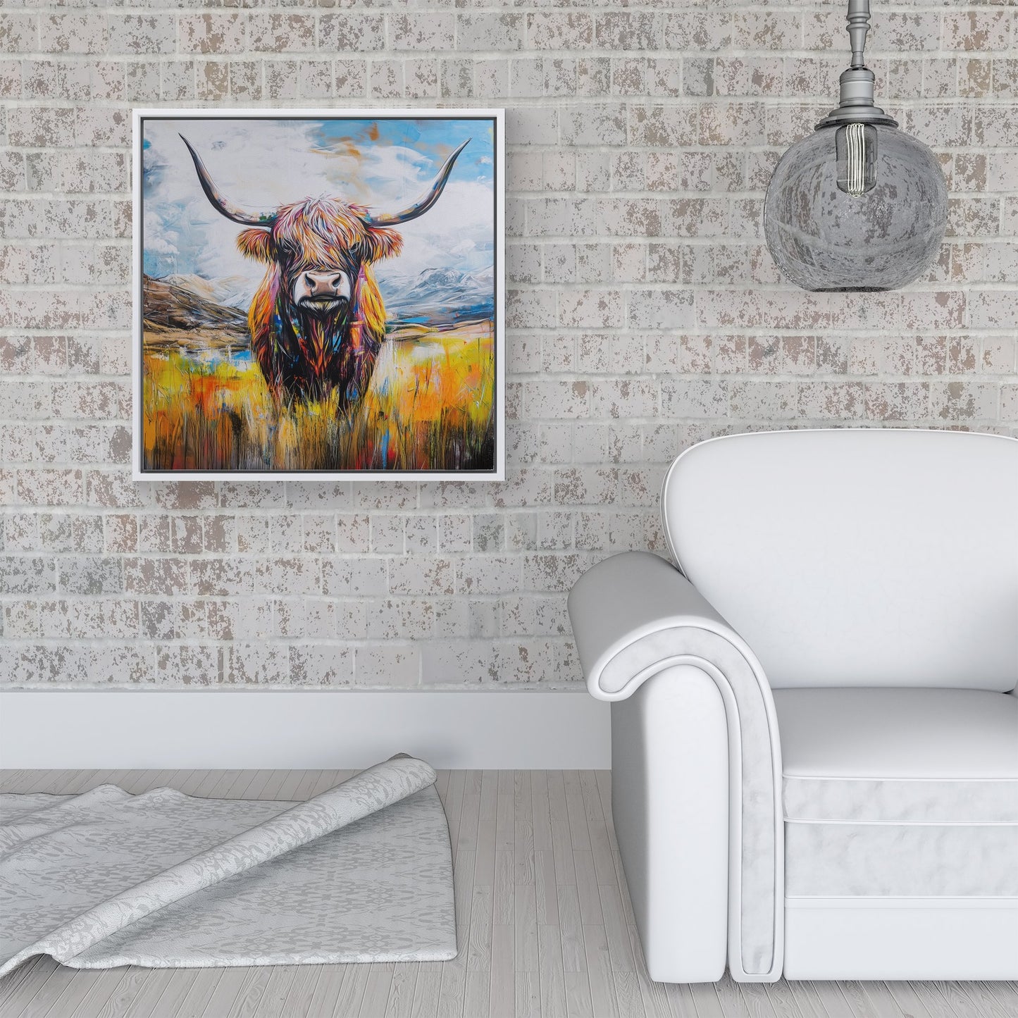Colourful Highland Cow Inspired By Banksy Framed Canvas