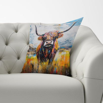Colourful Highland Cow Inspired By Banksy Cushions