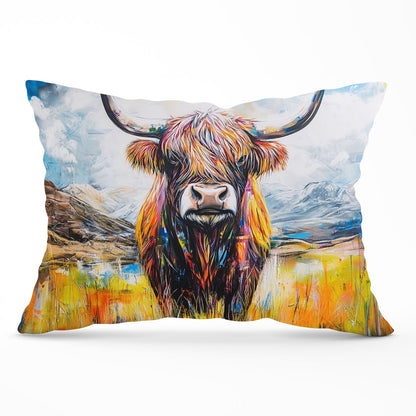 Colourful Highland Cow Inspired By Banksy Cushions