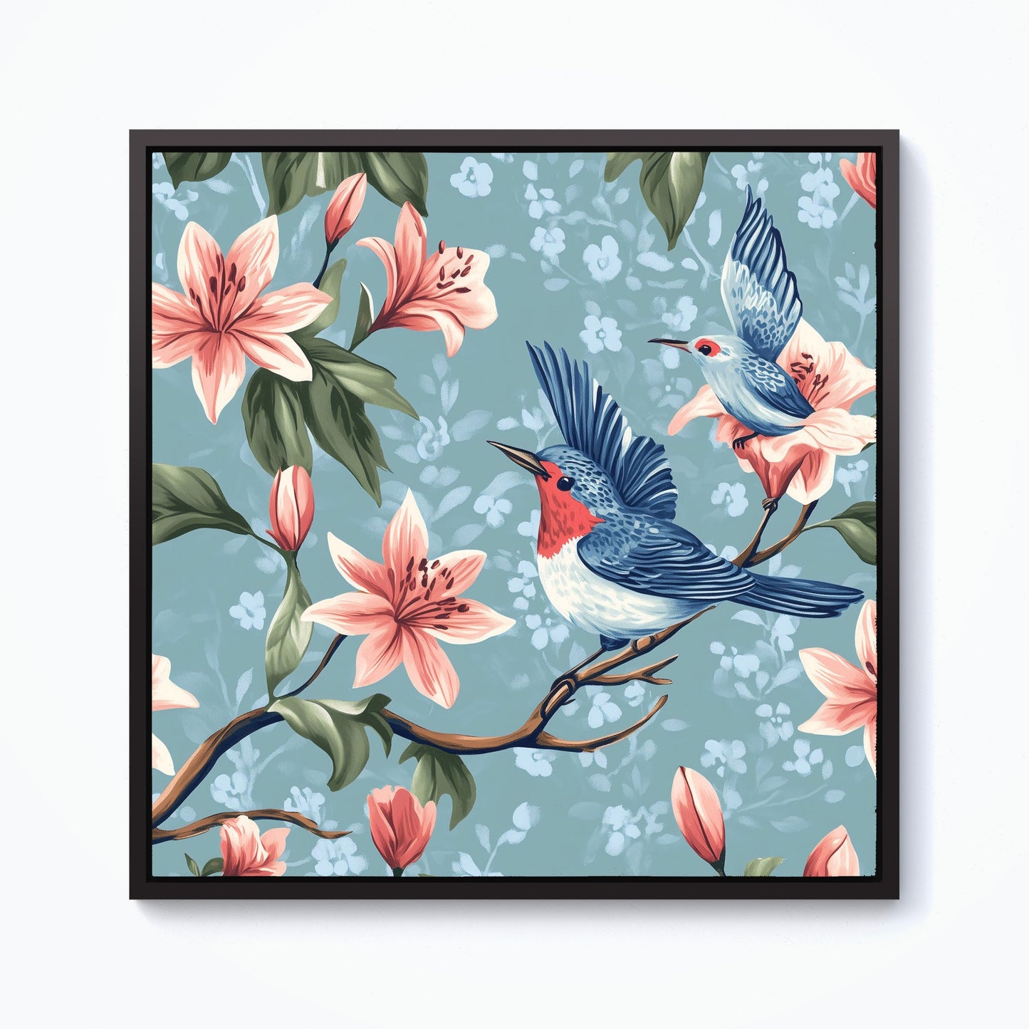 Birds On A Branch, Amongst The Lillies Framed Canvas
