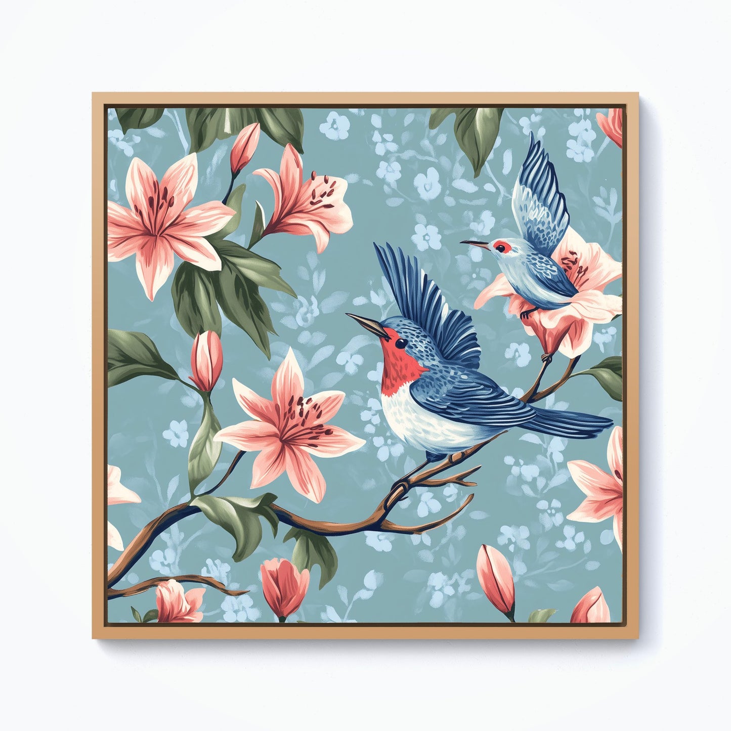 Birds On A Branch, Amongst The Lillies Framed Canvas