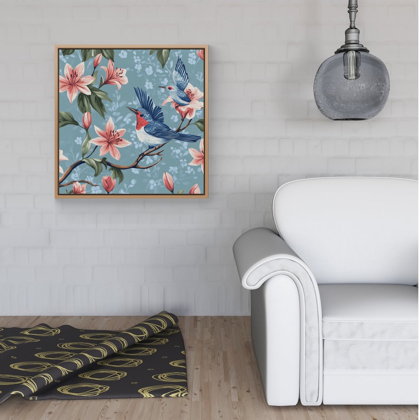 Birds On A Branch, Amongst The Lillies Framed Canvas