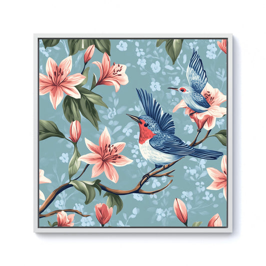 Birds On A Branch, Amongst The Lillies Framed Canvas