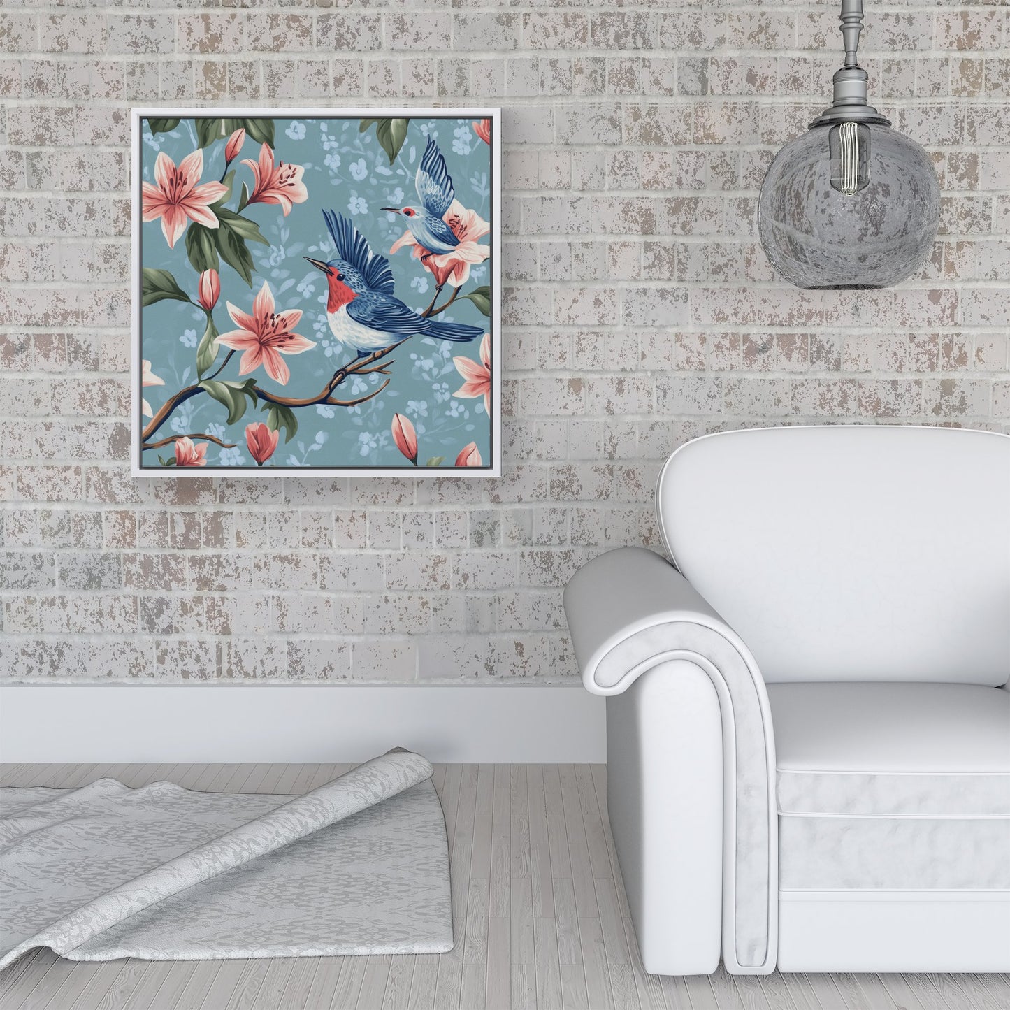 Birds On A Branch, Amongst The Lillies Framed Canvas