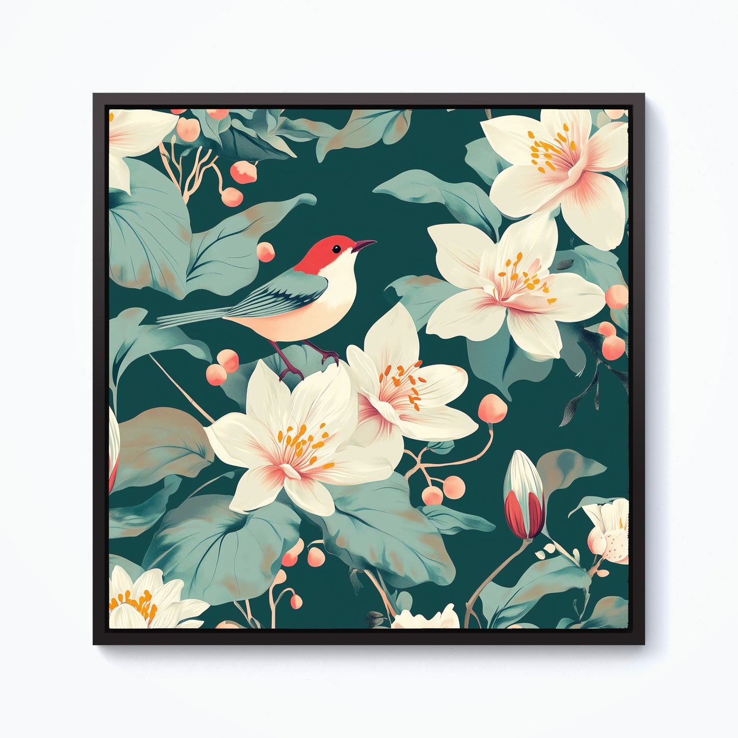 A Bird Amongst The Lillies Framed Canvas
