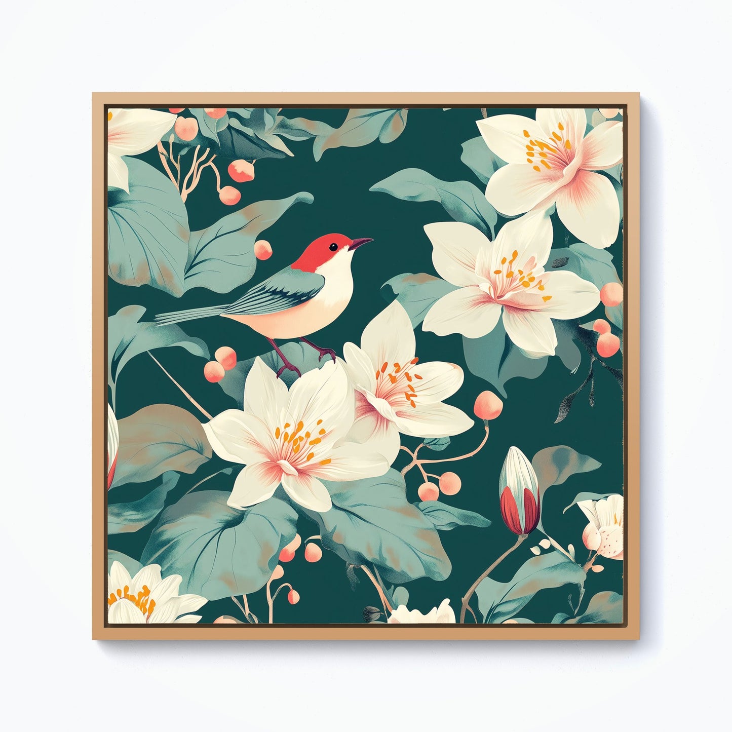 A Bird Amongst The Lillies Framed Canvas