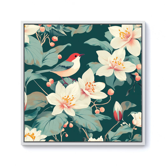 A Bird Amongst The Lillies Framed Canvas