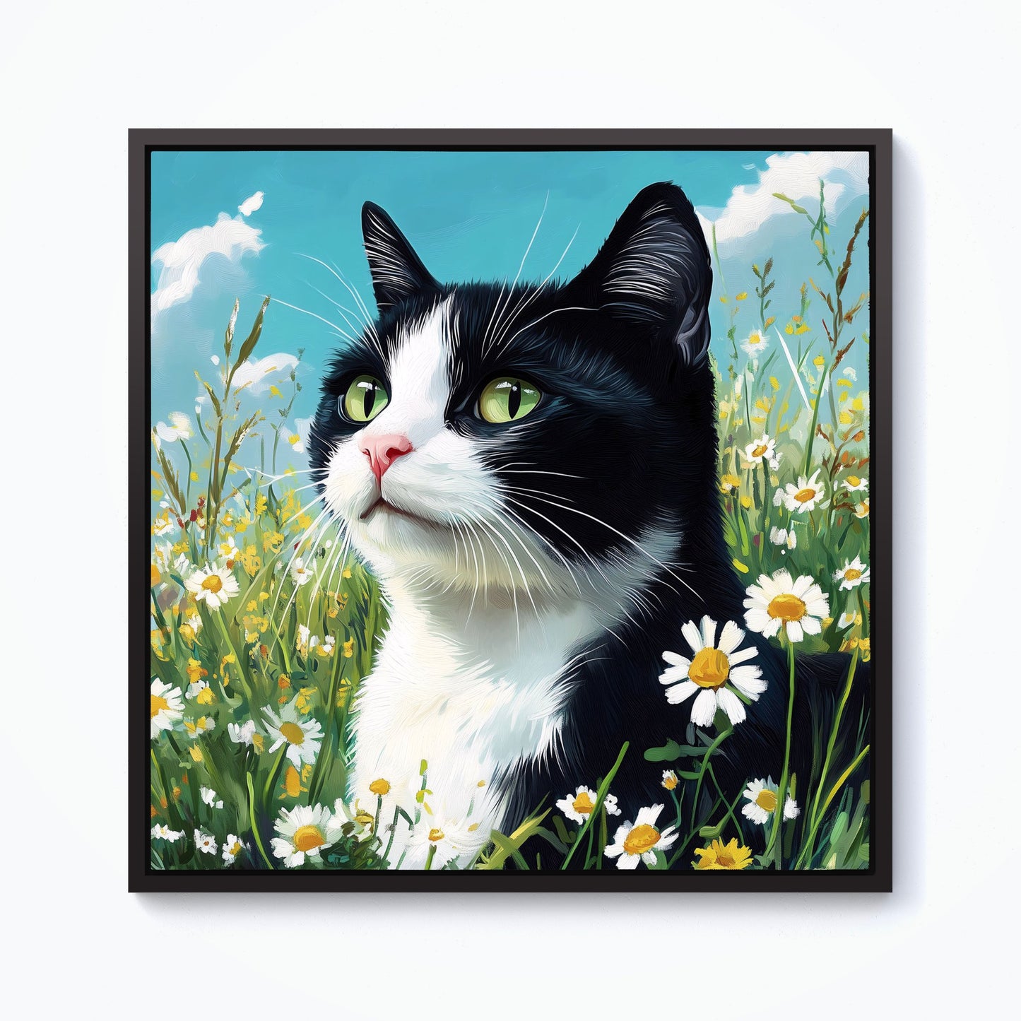 Black And White Cat In A Summer Meadow Framed Canvas