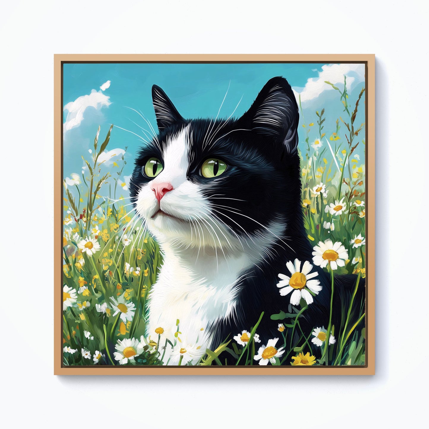Black And White Cat In A Summer Meadow Framed Canvas