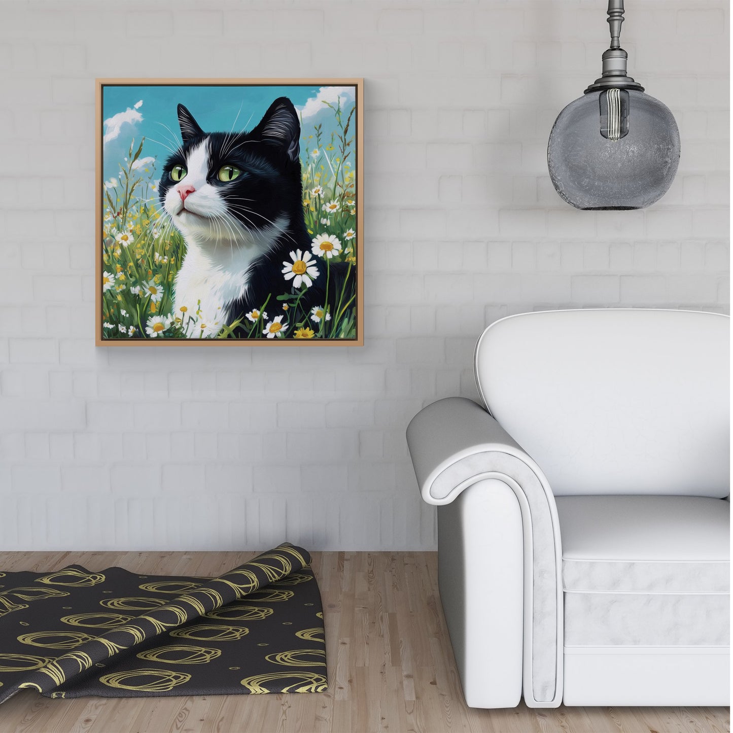 Black And White Cat In A Summer Meadow Framed Canvas