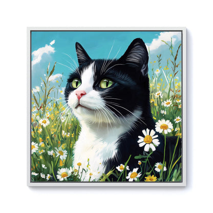 Black And White Cat In A Summer Meadow Framed Canvas