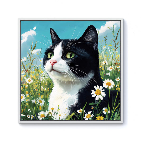 Black And White Cat In A Summer Meadow Framed Canvas
