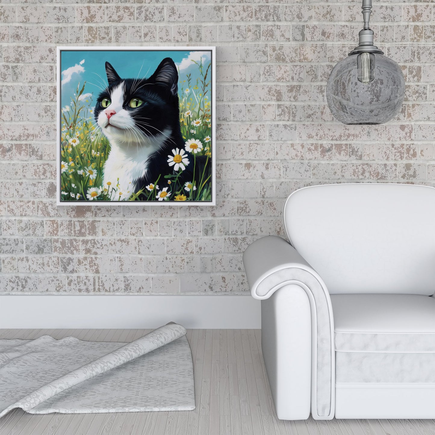 Black And White Cat In A Summer Meadow Framed Canvas