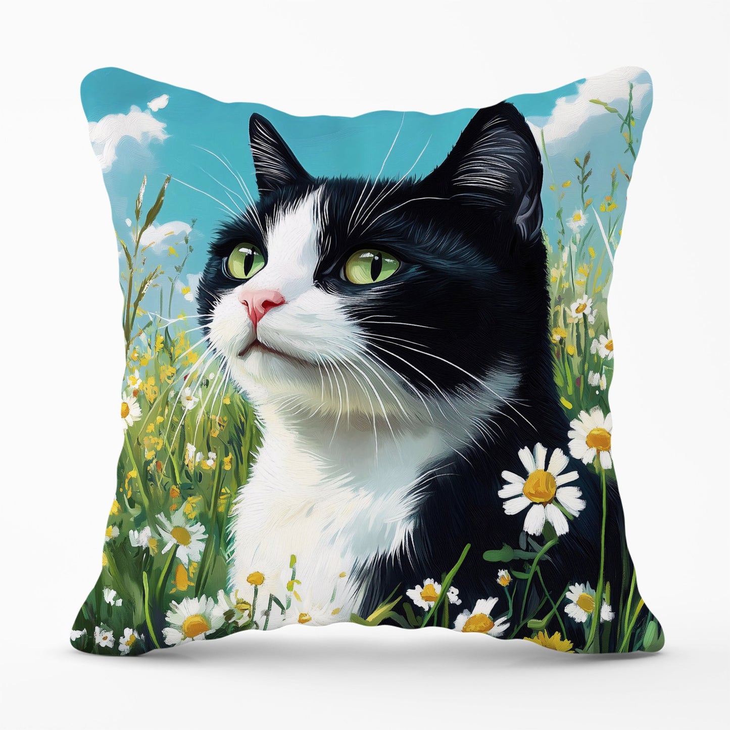 Black And White Cat In A Summer Meadow Cushions