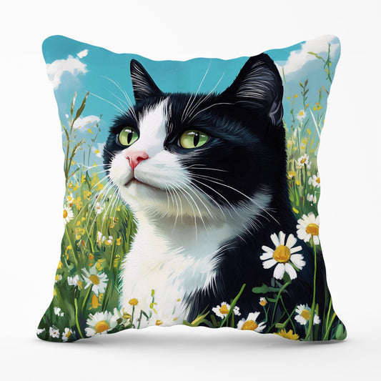 Black And White Cat In A Summer Meadow Cushions