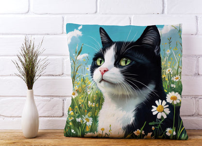 Black And White Cat In A Summer Meadow Cushions