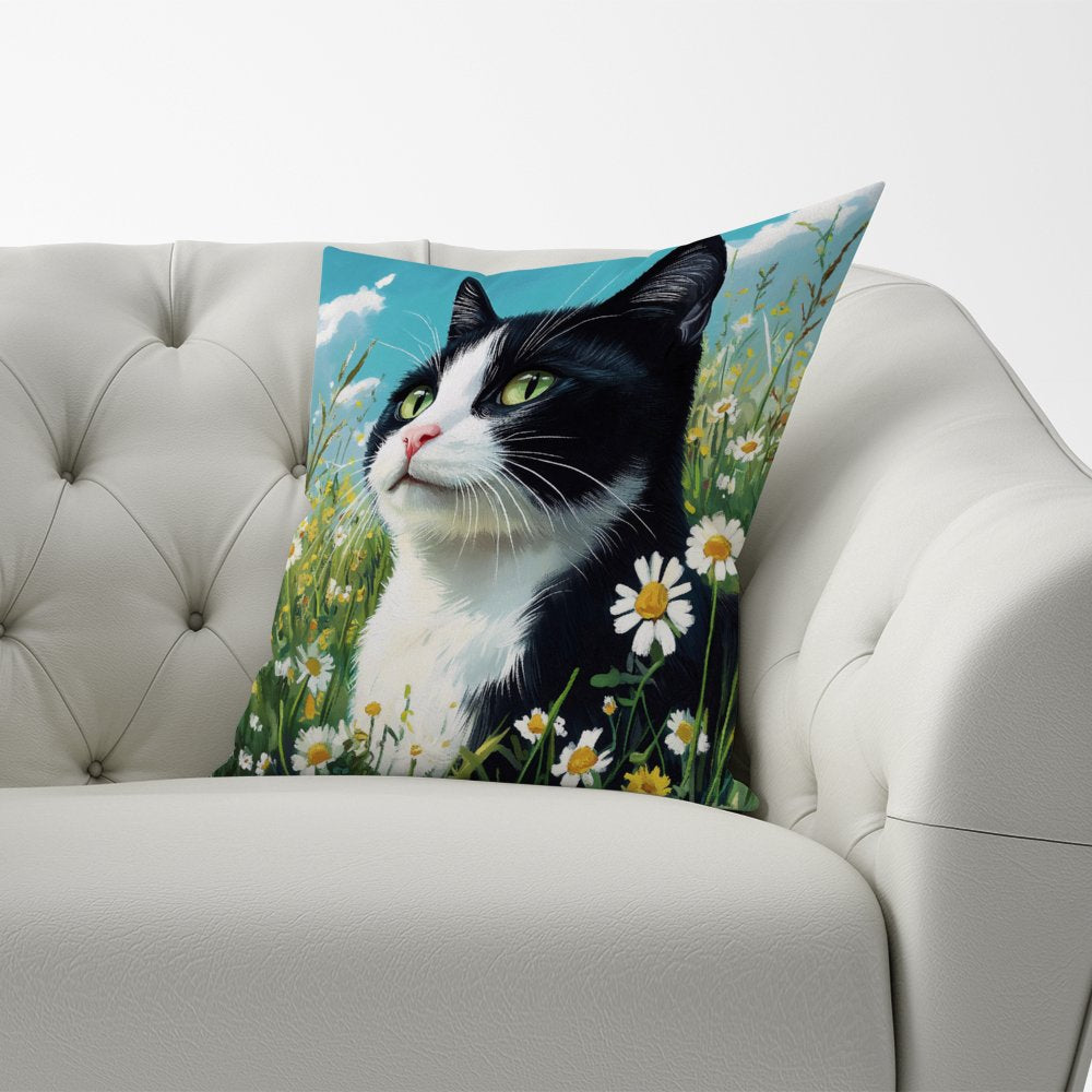 Black And White Cat In A Summer Meadow Cushions