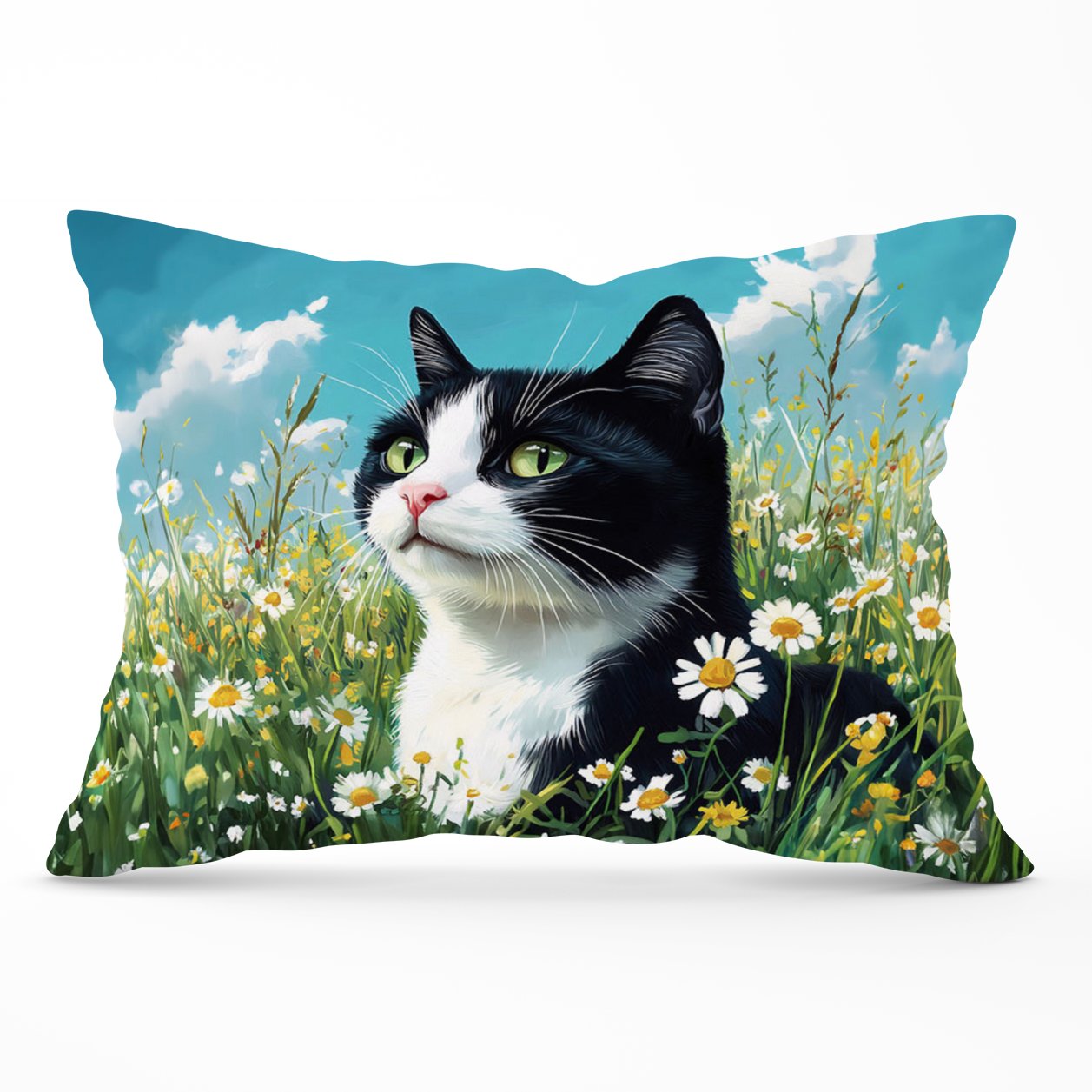 Black And White Cat In A Summer Meadow Cushions