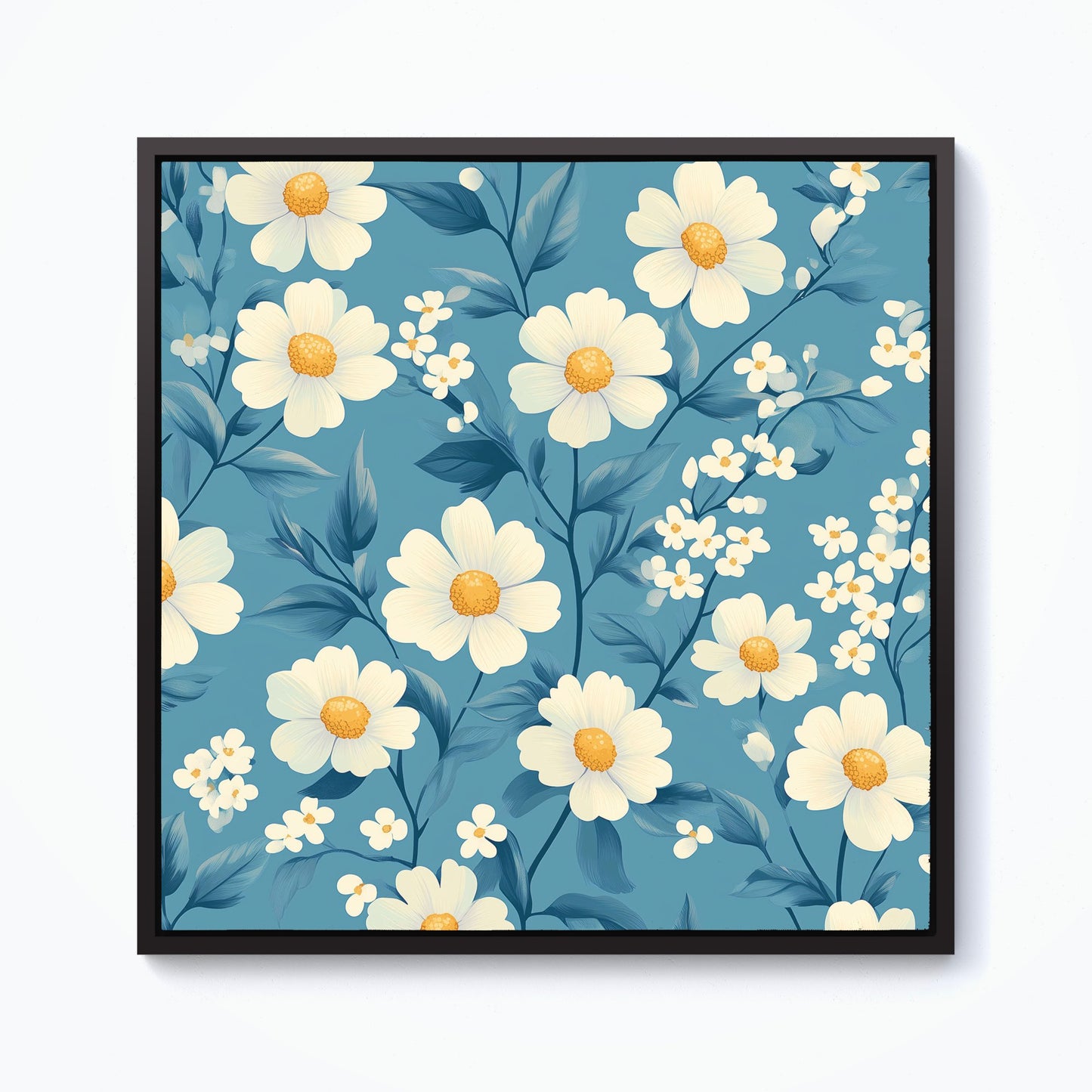 Blue And White Spring Daisies Framed Canvas