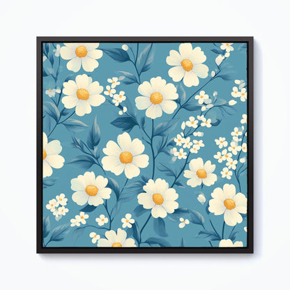 Blue And White Spring Daisies Framed Canvas