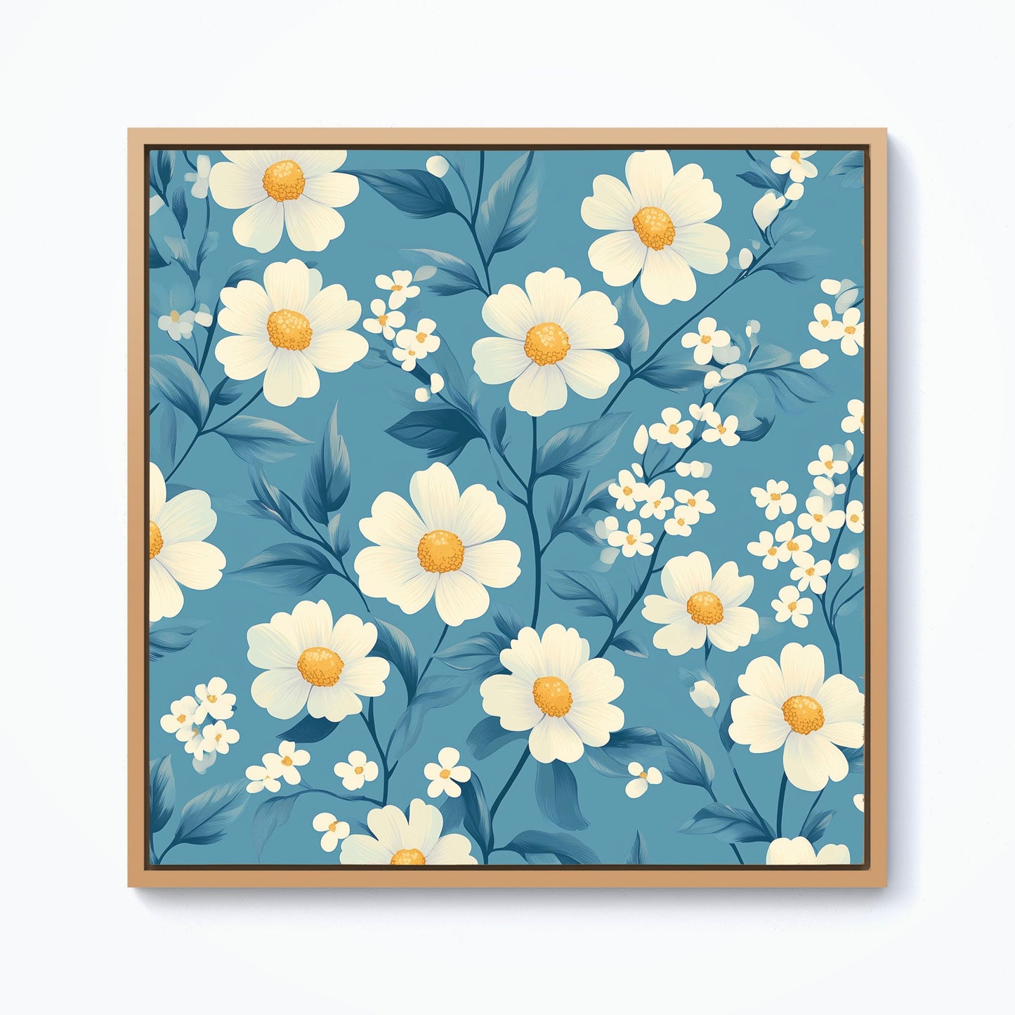 Blue And White Spring Daisies Framed Canvas