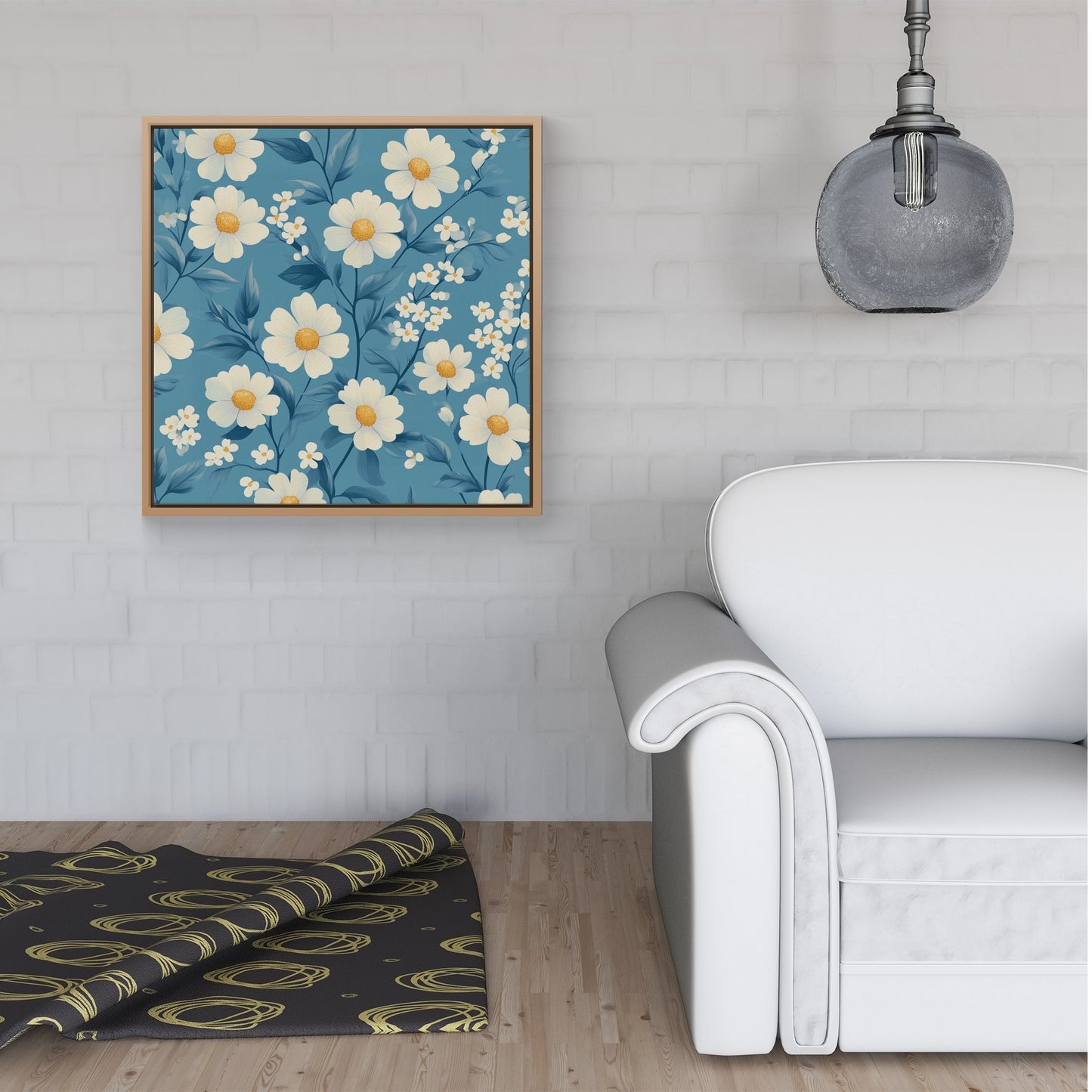 Blue And White Spring Daisies Framed Canvas