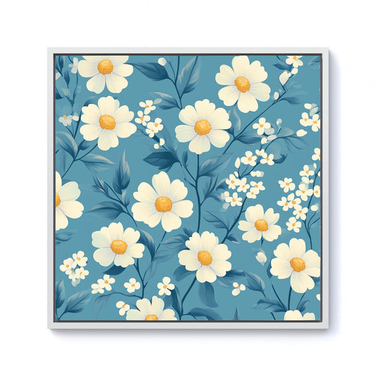 Blue And White Spring Daisies Framed Canvas