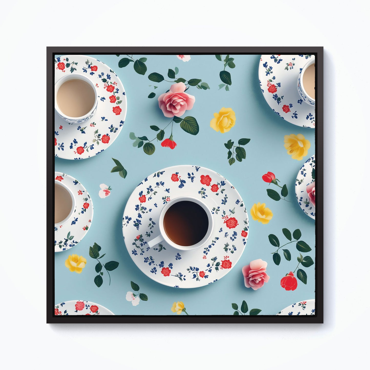 Tea Cups And Roses Framed Canvas