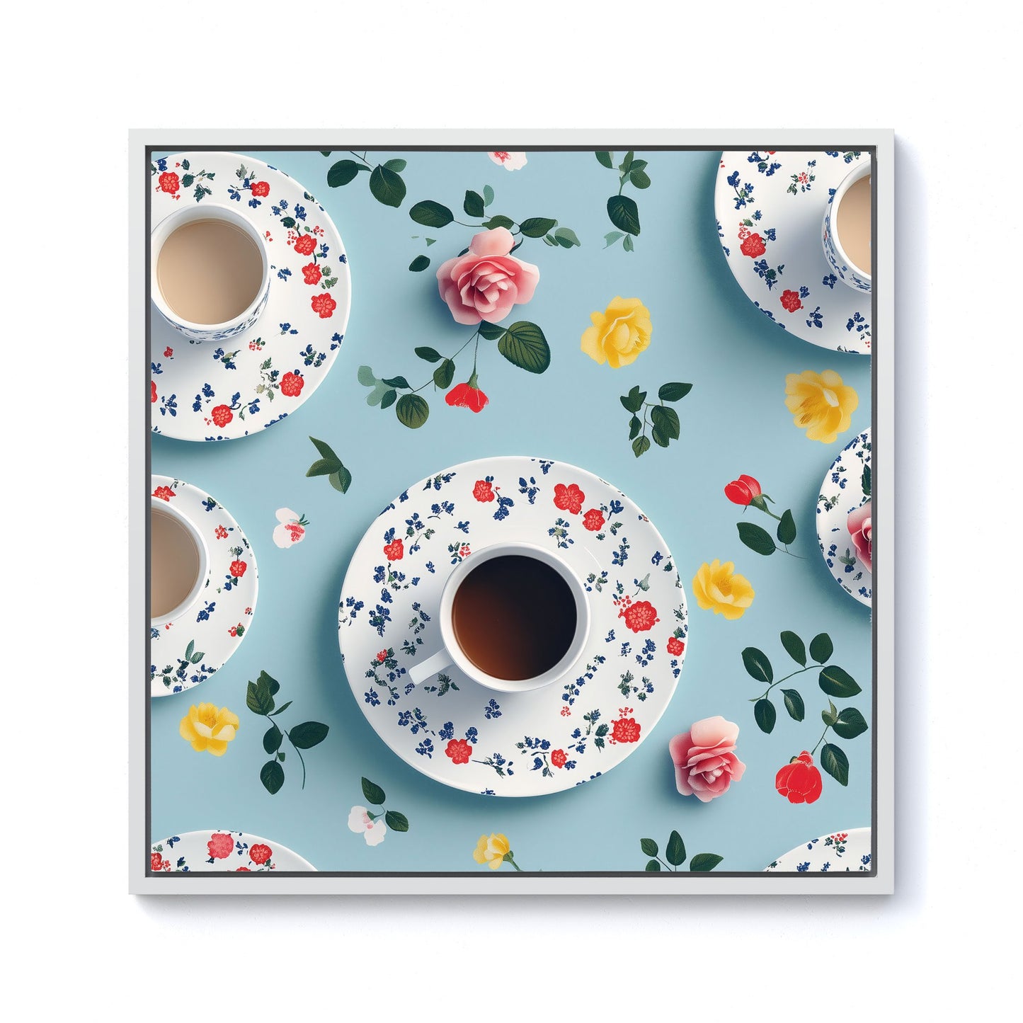 Tea Cups And Roses Framed Canvas