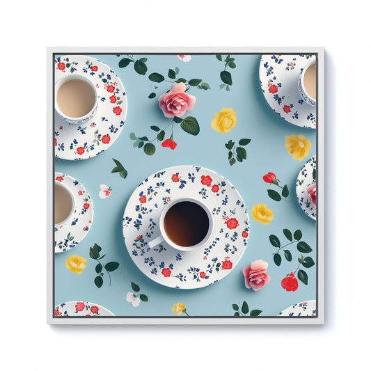 Tea Cups And Roses Framed Canvas