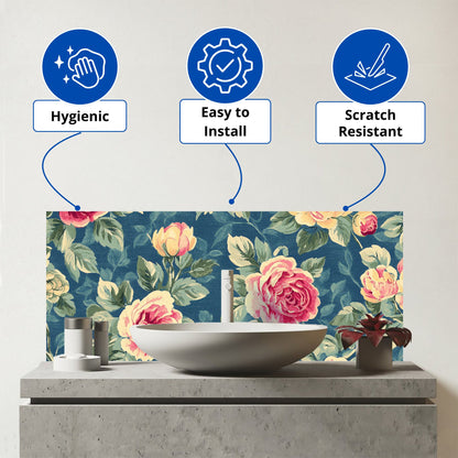 Painting Of Vintage Roses Glass Bathroom Splashback