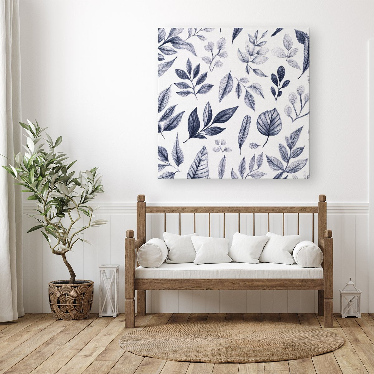 Grey Hand Drawn Leaves Canvas