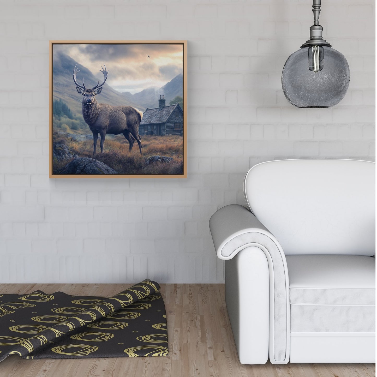 Highland Stag By The Cottage Framed Canvas
