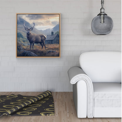 Highland Stag By The Cottage Framed Canvas