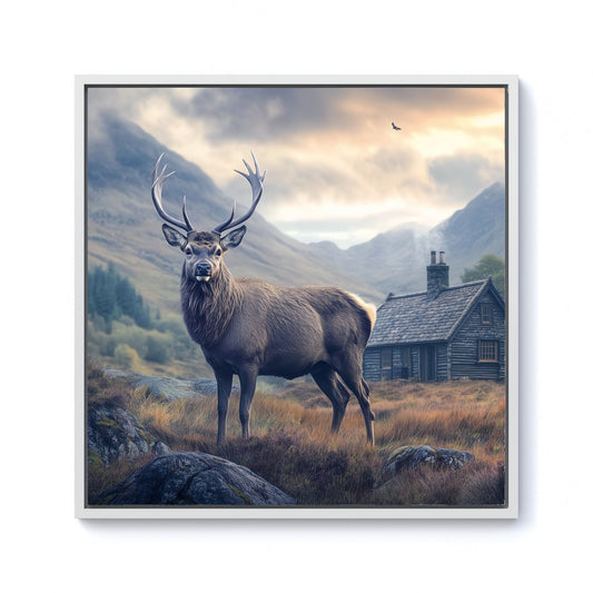 Highland Stag By The Cottage Framed Canvas