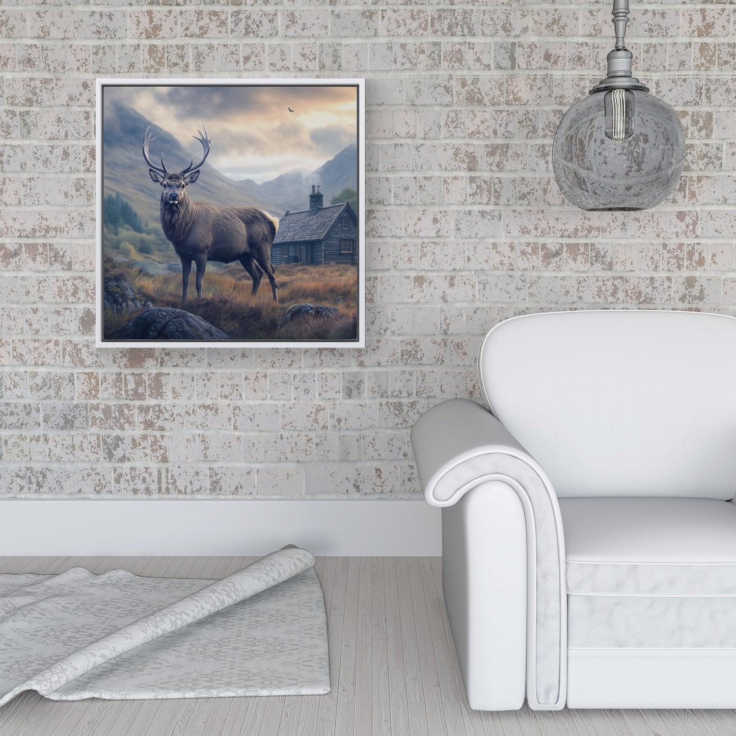 Highland Stag By The Cottage Framed Canvas