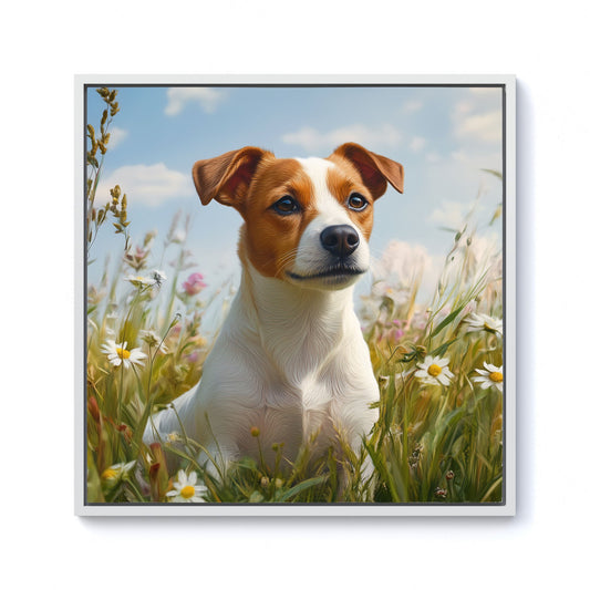 Happy Jack Russell In A Summer Meadow Framed Canvas