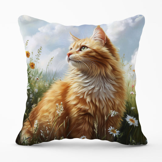 Fluffy Ginger Cat In A Summer Meadow Cushions