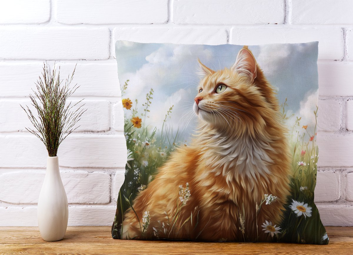 Fluffy Ginger Cat In A Summer Meadow Cushions