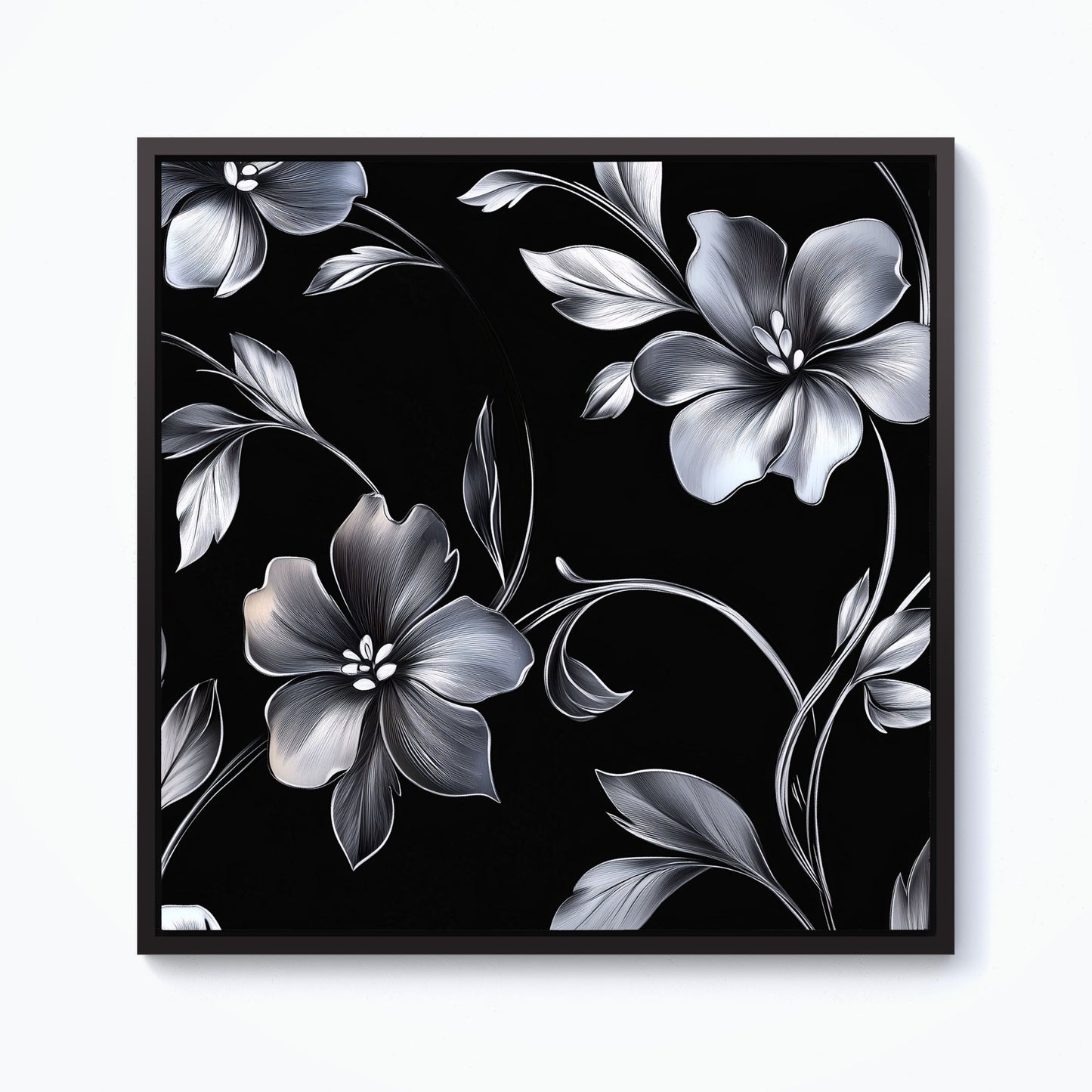 Metallic Effect Leaves And Flowers Framed Canvas